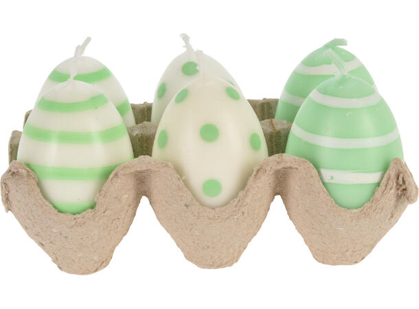 Sterainlys egg på brett 4x6cm 2ass 6 stk Vekt: 140gram pr 6pk Parafinvoks 
