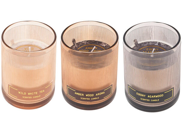 Duftlys amber glass 10x12,5cm 3ass Voks 3% duft Vekt 1000gr/440gr 