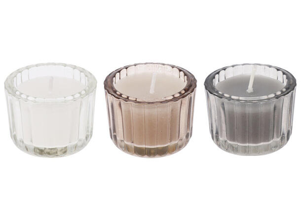 Duftlys klar,brun,grå glass  5,5x3,7cm Forpakning: 24stk 