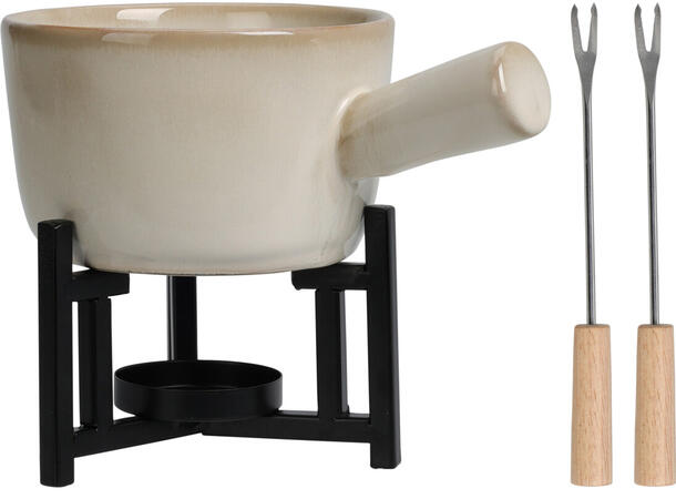 Fondue sett hvit keramikk m/2 gafler 