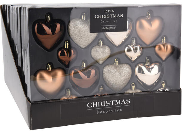 Julekule hjerte brun 4,5-8,5cm 16 stk 12 sett i displayboks 