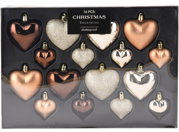Julekule hjerte brun 4,5-8,5cm 16 stk Display 12pk PP 