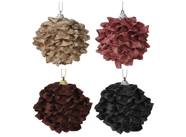 Julekule kongle velur glitter 8cm 4ass 24 stk pr displayboks 