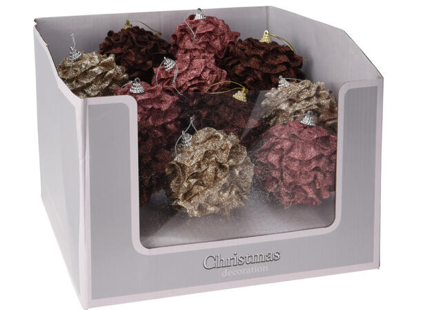 Julekule kongle velur glitter 8cm 4ass 24 stk pr displayboks 