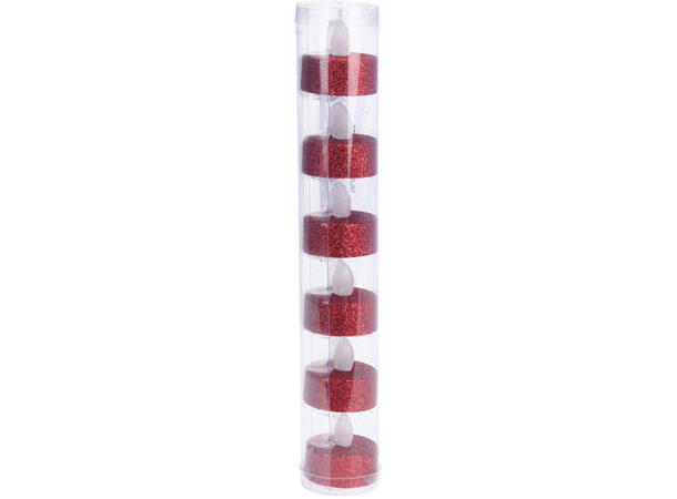 LED Telys rød glitter 4cm 6 stk 24sett i display Batteri:1xCR2032 Inkl 