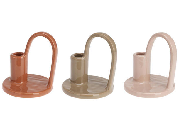 Lysestake m/håndtak keramikk h:12cm 3ass Forpakning: 8stk Teracotta, Khaki, Nude 