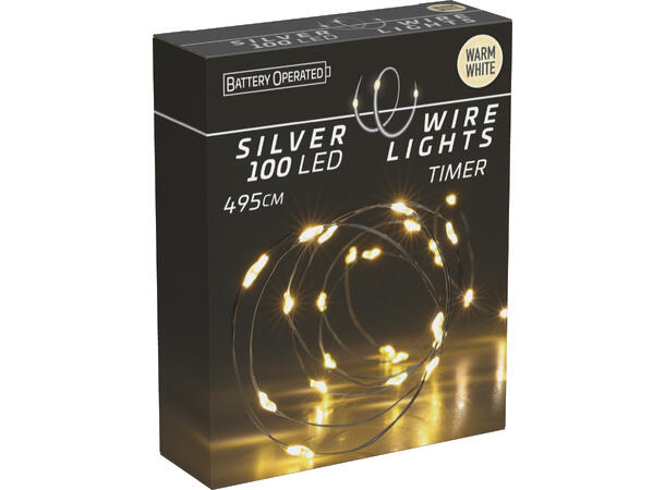 Lyslenke 100 LED varmhvit 5m Display 24stk Batteri 2xAA Timer 6/18t 