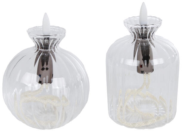 Oljelampe LED klart glass h:10cm 2ass 7,5x10,5cm Batteri 3xLR44 Inkl 